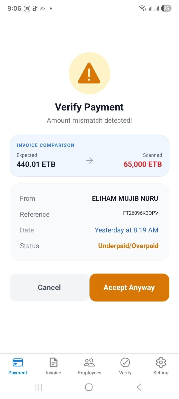 Amount mismatch alert